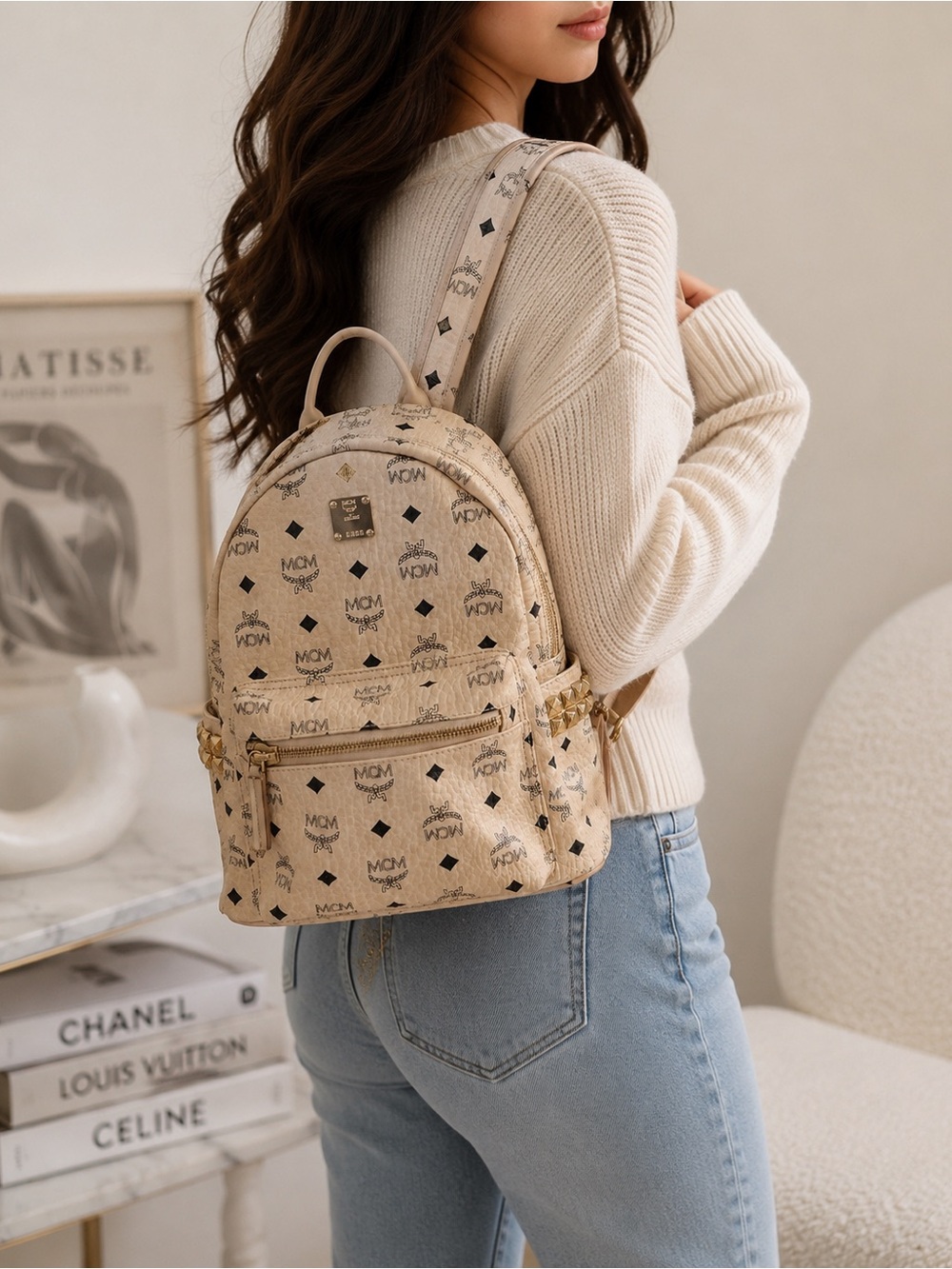 MCM Beige Stark Side Studded Visetos Monogram Backpack Small